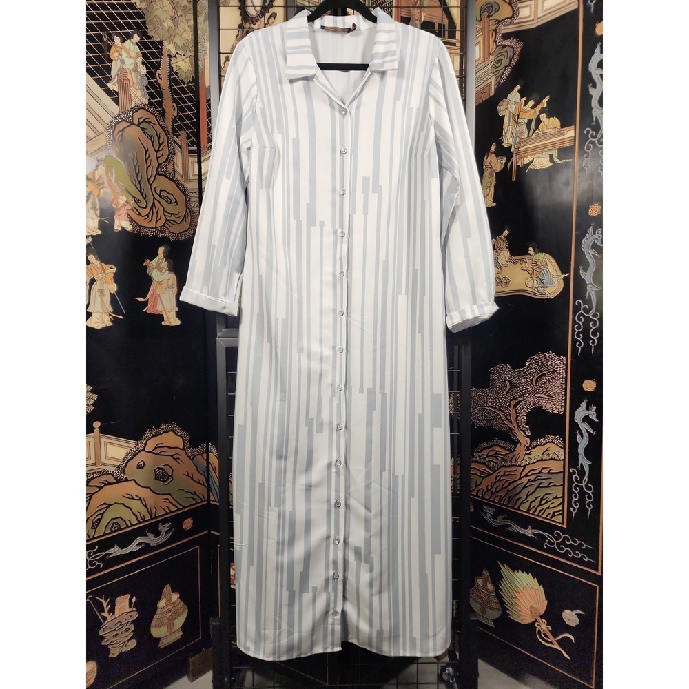 Annah Hariri Striped Maxi Shirt Dress Modest US 14 Long Sleeve Button Up White